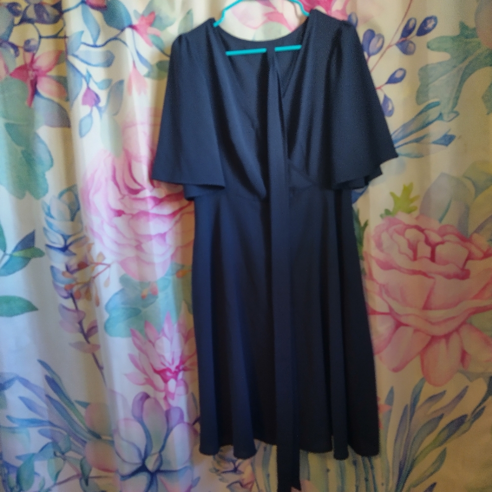 Deep V-Neck Belted Flutter-Sleeve Dress